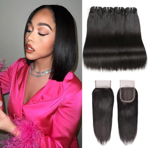 Liang Dian Straight Bundles With Closure Human Hair 12 12 12 12 +12 Inch Human Hair Bundles with Closure Straight 12 A Brazilian Virgin Hair 100% Unprocessed Quick Weave Hair Natural Color