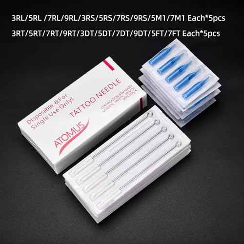Tattoo Needles & Tips Set, ATOMUS 50pcs Disposable Mixed Tattoo Needles + 50pcs Assorted Tattoo Needles Tips, 5pcs of each-3rl 5rl 7rl 9rl 3rs 5rs 7rs 9rs 5m1 7m1 3RT 5RT 7RT 9RT 3DT 5DT