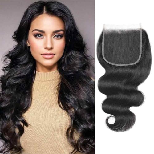 5x5 HD Lace Closure Body Wave Brazilian Raw Human Hair 0.10 mm Ultra-Thin Invisible Single-Knot Pre-Plucked Glueless Lace Closure For Black Women Natural Black 16 Inch
