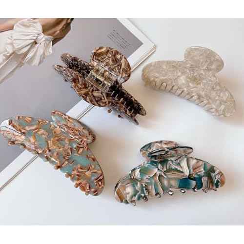 Wenlly large tortoise shell claw clip, 4.1 Inch cellulose acetate hair claw clips, marble non-slip strong hair hold barrettes for women and girls, green