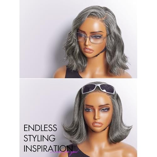 LUVME HAIR 10'' Grey Salt & Pepper Bob Wig Blunt Cut Bob Wig Pre Cut Glueless Wigs Glueless Lace Front 10 Inches Bob, Pre Cut Plucked Hd Lace Short Wig Ready To Go Natural Color Straight Side Part