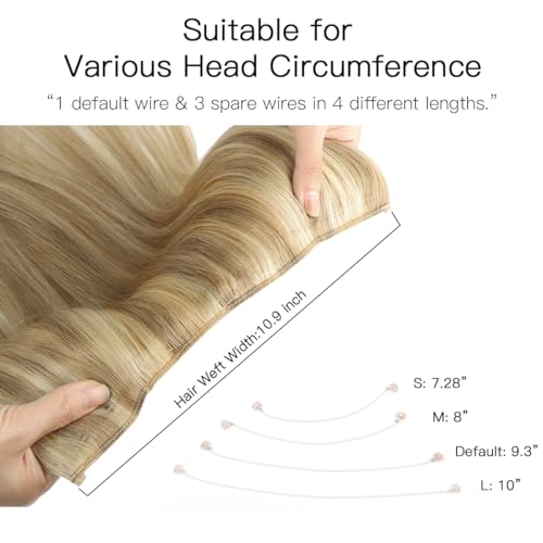 HOTBANANA Wire Hair Extensions, 18 inch 95g Light Blonde Highlighted Golden Blonde (Ash Tone) Fish Line Real Human Hair Straight Invisible Remy Hair Extensions