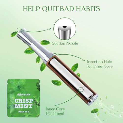 Quit Inhaler Aluminum Wooden Upgraded with 4 Packs Mint Spearmint Orange Blueberry Flavored Cotton Cores, Break Up Bad Habits