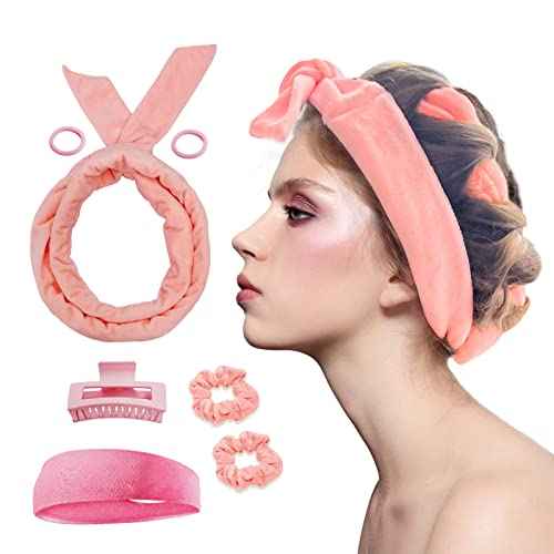 Extra Long Heatless Velour Curling Rod Headband - 61" No Heat Soft Cotton Curling Ribbon Kit for Women (Pink)