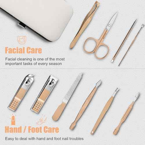 Manicure Set 10 in 1 Nail Clippers Kit Gifts for Men and Women, Fingernail Clipper Stainless Steel Nail Care Tools with Leather Travel Case (Gold)