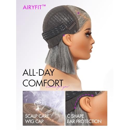 LUVME HAIR 10'' Grey Salt & Pepper Bob Wig Blunt Cut Bob Wig Pre Cut Glueless Wigs Glueless Lace Front 10 Inches Bob, Pre Cut Plucked Hd Lace Short Wig Ready To Go Natural Color Straight Side Part