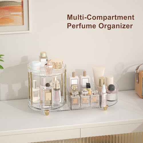 Makeup Organizer Countertop for Vanity, Rotating Perfume Tray with 5-compartment Cosmetic and Skincare Organizers, Multi-Purpose Desk Storage Makeup Brush Holder for Bathroom Bedroom Counter