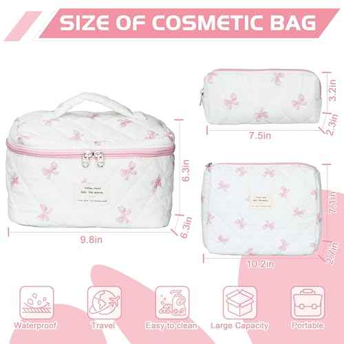 Quilted Makeup Bag Set - 3 PCS Cute Floral Cotton Makeup Bag, Large Coquette Aesthetic Make up Cosmetic Bag, Flower Travel Toiletry Organizer Bags for Women Girls