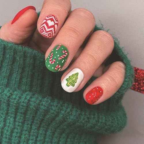 Christmas Press on Nails Square Short Fake Nails Red Green False Nails with Christmas Tree Crutch Designs Glue on Nails Xmas Acrylic Nails Press ons Full Cover Stick on Nails for Women Manicure 24Pcs