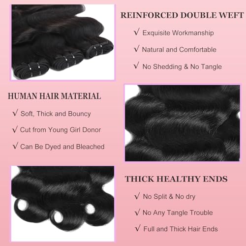 12A Body Wave Bundles Human Hair 16 18 20 Inch Human Hair Bundles 100% Unprocessed Brazilian Virgin Hair 3 Bundles Weave for Women Natural Color