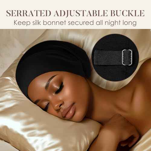 LULUSILK 100% Mulberry Silk Bonnet for Sleeping Women and Men, No More Frizzy Tangled Hair, Real Silk Sleep Cap for Curly Hair, Black, Pack of 1