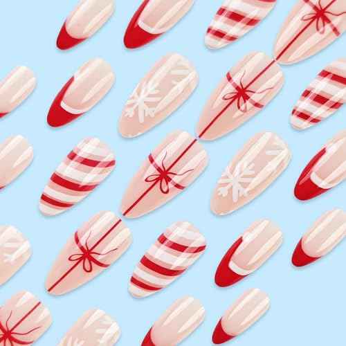 SINSEN Christmas Press on Nails Medium - Almond Fake Nails, Red French Tip False Nails With Designs, Full Cover Snowflake Glue on Nails for Women, 24Pcs (Santa Hat and Bowknot)