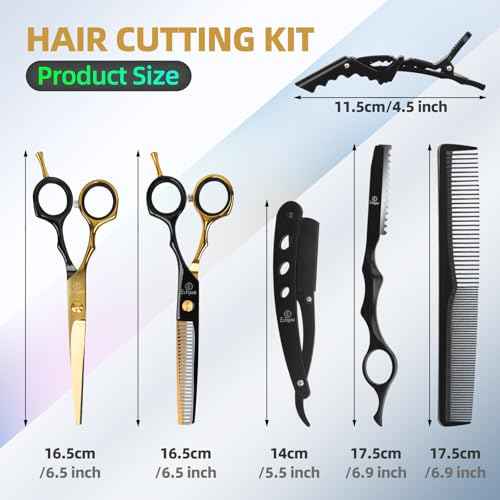Hair Cutting Scissors Kit - 9 PCS Professional Haircut Scissors Set with Stainless Steel Straight and Thinning Shears for Home, Salon, and Barber Use (Black & Gold)