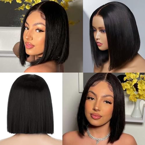RECOOL Bob Wig Human Hair 5x6 Lace Front Straight Short Wigs for Women Glueless Brazilian Virgin Human Hair Bleached Knots Wear And Go Pre Plucked with Baby Hair for Black Women Natural Black 10inch