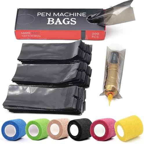 HOINCO Tattoo Machine Pen Cover Tape Wraps, 200pcs Covers and 6pcs Tape Grip Wrap 2 x 5 Yards Self for Tattoo Supplies