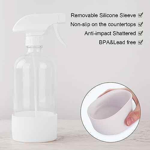 Glass Spray Bottles for Cleaning Solutions, 16oz Reusable Clear Empty Mist Spray Bottle with Silicone Sleeve for Hair, Plants and Essential oils 2 Pack