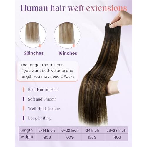 LaaVoo Weft Hair Extensions Human Hair Straight Hair Weft Extensions Dark Brown Ombre Light Brown Balayage Sew in Hair Extensions Real Human Hair Seamless 18 Inch 100g