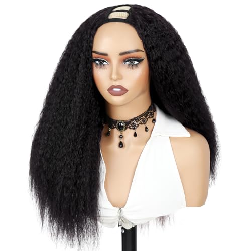 WIGER Kinky Straight U Part Wigs Human Hair Half Wig Natural Color Glueless Thin Leave Out Curly Hair 200% Density 16 Inch kinky Curly Clip in Wigs for Black Women Wear And Go Wig