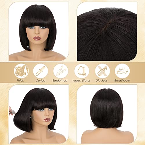 10 Inch Light YAKI Short Bob Wig Human Hair with Bangs, Black Blunt Cut Bob Wig Straight Glueless Headband Wigs for Women, Realistic Large Lace Scalp 180% Density 100% Human Hair