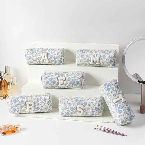 JOVAKIT Small Alphabet Makeup Bag Cosmetic Bag for Women, Christmas Gifts for Girls, Floral Flowers Coquette Travel Toiletry Bag, Zipper Make Up Pouch Organizer Bag Trendy Stuff (Blue Floral K)