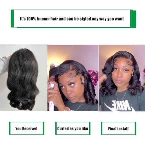 Douyin Bob Wig Human Hair 13x4 Frontal Lace Wig 14 Inch Body Wave 180% Density HD Lace Front Wigs Human Hair Pre Plucked Bob Wigs for Women (14 inch, Natural Black)