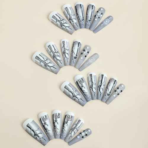 Christmas Press on Nails Long Square 3D Fake Nails Christmas Nails Press ons with Forest Deer Snowflakes Design Winter Cartoon Acrylic Glue On Nails Artificial Stick on Nails for Women 24Pcs