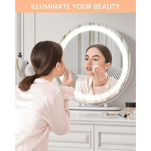 GAOMON Vanity Mirror with Led Lights, 19 Inches Touch Control 3 Color 2024 New Dimmable Makeup Mirror, 360¡ÆRotation Round Desk Mirror, Easy to Assemble (White)