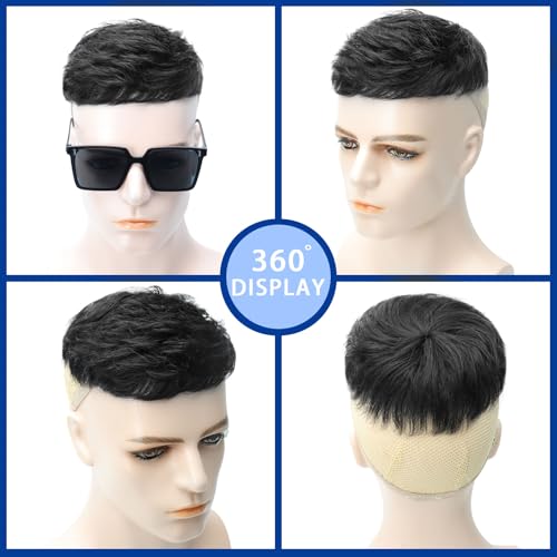 Toupee for Men Human Hair Men¡®s Black Wig Short Straight Fluffy Realistic Hair Wig Thin Skin Daily Party Costume Wigs for Male Guy (Black)