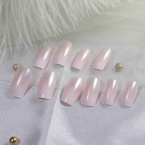 Medium Length Press on Nails Pink White False Nails Full Cover Short Fake Nails Faux Ongles Daily DIY Nails Manicure Kits Nail Art Tips