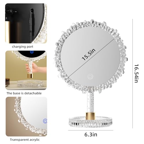 Makeup Mirror with Lights,18"x12"Large LED Lighted Makeup Mirror with Crystal Frame,3-Color Lighting Mode,Intelligent Touch Control,Rotatable,for Vanity Desk Tabletop,Bedroom,Women's Gift,White