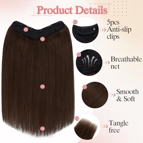 One Pieces Clip in Hair Extensions Human Hair Upgraded V-Shaped 5 Clips in Hair Extensions Human Hair Long One Piece Hairpiece for Women,16 Inch,#04 Chocalate Brown,65g