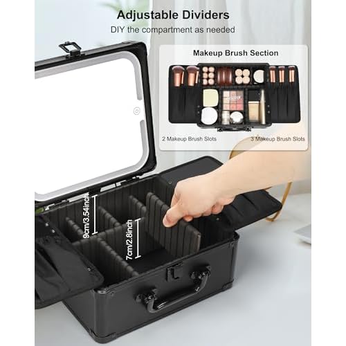 Relavel Makeup Bag with LED Mirror, Makeup Box Travel Train Case with Rechargeable Lighted Mirror & Adjustable Dividers, Cosmetic Brush Organizer Storage for Makeup Artists Gifts for Women and Girls