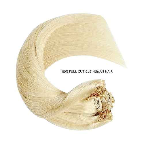 YILITE Clip in Hair Extensions 120g 8Pcs/Pack Platinum Blonde Double Weft Silky Straight Remy Human Hair Thick Clip in Real Hair Extensions for Women (16inches #60 Platinum Blonde)