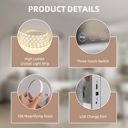 Misavanity Vanity Mirror with Lights Tempered Glass 22.8" x 18.1" Lighted Makeup Mirror with Light Strip Crushed Crystal 3 Colors Modes Dimmable Lights USB Charging Port and 10X Magnification, White