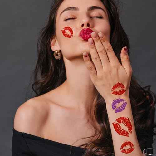 Kiss Lips Temporary Tattoos ? 8 Sheets Kiss Mark Temporary Tattoos for Women Men ? Ideal for Halloween, Festivals, Parties, Mother's Day, Valentine's Day