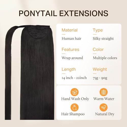 DOORES Human Hair Ponytail Extensions Natural Black 16 Inch 80g Clip in Hair Extensions Remy Hair Extensions Ponytail Straight Natural Wrap Around Ponytail with Magic Paste