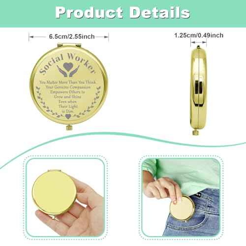 Social Worker Gifts Compact Makeup Mirror Social Worker Appreciation Gifts Retirement Social Work Volunteer Gift Thank You Gifts Folding Makeup Mirror Christmas Birthday Gifts (Gold)