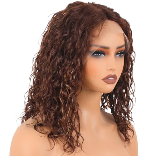 Ombre Deep Wave Lace Front Wigs Wear and Go Glueless Wigs Human Hair Pre Plucked Pre Cut Wet and Wavy Lace Front Wigs 180% Density T Part Honey Blonde and Brown Mixed Wig(FS4/27,16inch)