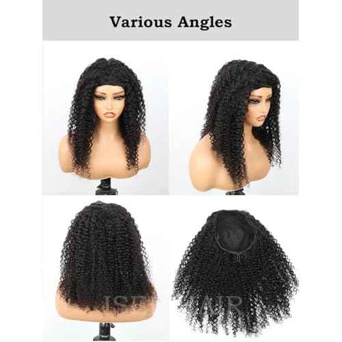 ISEE Half Wig Human Hair Glueless Wigs Upgrade 3 IN 1 Half Wig With Drawstring Seamless Clip Ins Flip Over Kinky Curly Human Hair No Glue No Lace For Women 180% Density 18 Inch