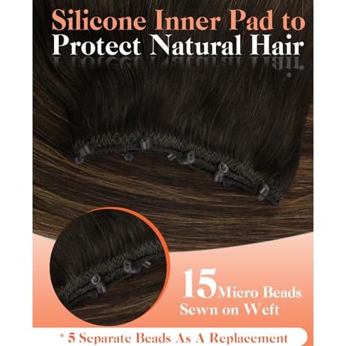 Sunny Hair Beaded Hair Weft Extensions Human Hair Brown Micro Weft Hair Extensions Balayage Dark Brown Balayage Medium Brown Microlink Beaded Hair Wefts For Women Real Hair 22inch 50g