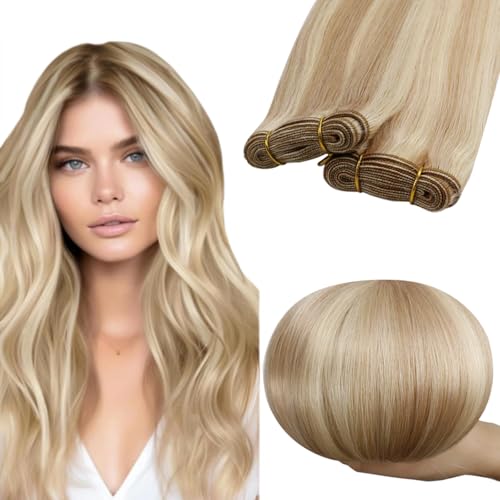 RUNATURE Weft Hair Extensions Human Hair Blonde Sew in Hair Extensions Real Human Hair, Straight Natural Remy Hair Weft Extensions, 18 Inch 100g #18P60 Ash Blonde Highlight Platinum Blonde