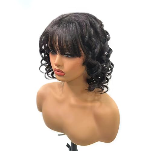 Natural Wavy Human Hair Wigs with Bangs Black Loose Wave Wigs for Women None Lace Front Wigs Loose Body Bob Wig Brazilian Virgin Human Hair Glueless Loose Curly Wig for Daily (14 Inch)