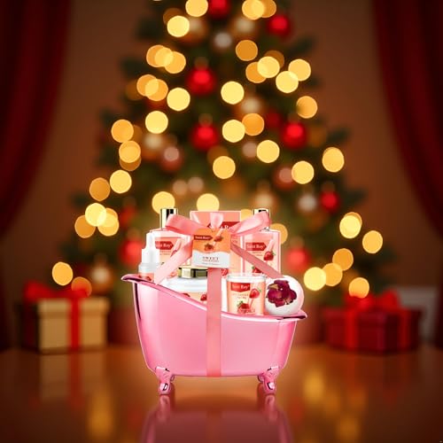 Spa Kit for Women, Bath & Body Gift Set, Luxury Home Spa Bath Gift Basket, Strawberry Scented Bath Set Christmas Gifts for Women with Shea Butter Lotion, Pamper Gifts for Girls & Teens, Birthday Gift