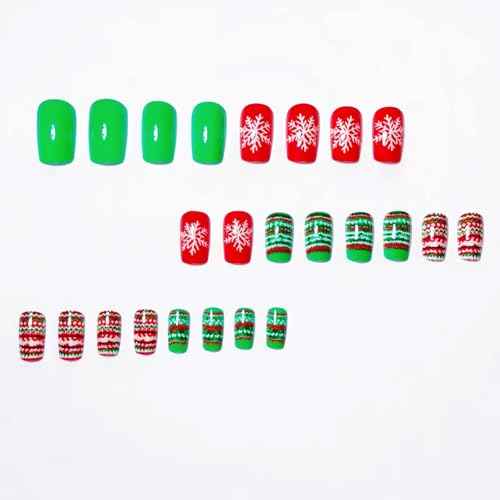 Christmas Acrylic Short Square Press on Nails with Snowflake Design - 24Pcs Full Cover Reusable Stick on Nails for Women Girls