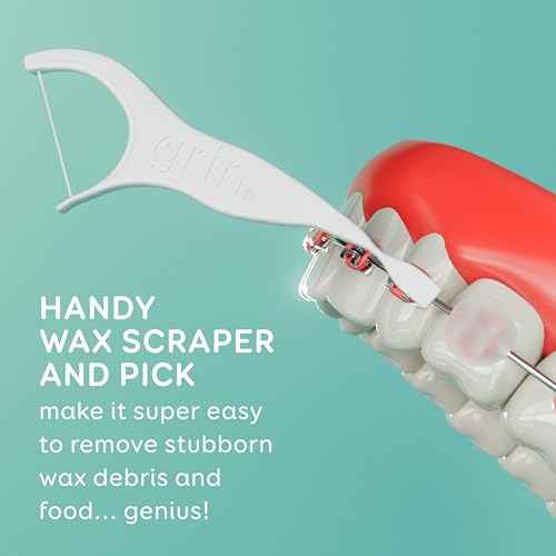 GRIN Braces Flosser, Floss Picks Designed for Braces, 60 Count, Dental Flossers, Recycled Plastic, Ortho Approved, Premium Thin Floss, Includes Handy Wax Scraper and Pick