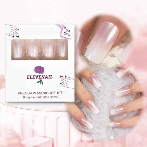 Medium Length Press on Nails Pink White False Nails Full Cover Short Fake Nails Faux Ongles Daily DIY Nails Manicure Kits Nail Art Tips