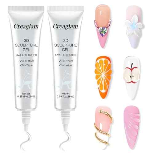 3D Nail Gel Art: 2pcs Sculpting Gel Nail Glue for Carving Patterns Decoration - Chrome Nail Powder and DIY Nail Charms - 4 in 1 Clear No Wipe Gel Nail Polish Rhinestone Nail Art Glue