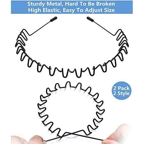 bodbop XINGZHE Hair Bands, 2 PCS Metal Headbands for Men Women's Fashion Headband Stylish Sports Hairband Head Hoop with Non Slip Wavy Teeth, Black (Wide Wavy + Hook Wavy)
