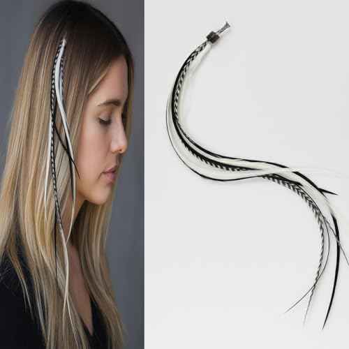 Feather Hair Extension ? 5 Real Rooster Feathers Bonded at Tip, Black & White Zebra Pattern, 7?11¡± Long, Includes 2 Silicone Micro Beads for Easy Installation ? Salon-Quality by Sexy Sparkles