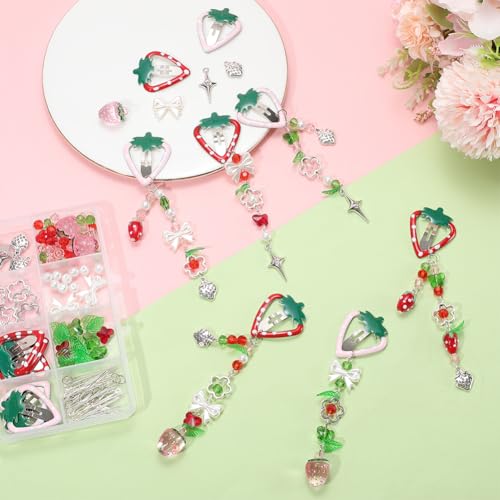 SUNNYCLUE 1 Box DIY 6 Sets Tassels Hair Clips Making Kit Strawberry Hairclips with Beaded Cute Fruit Fashion Hairclip Tassel Snap Barrettes for Women Braid Long Short Thin Thick Hair Supplies